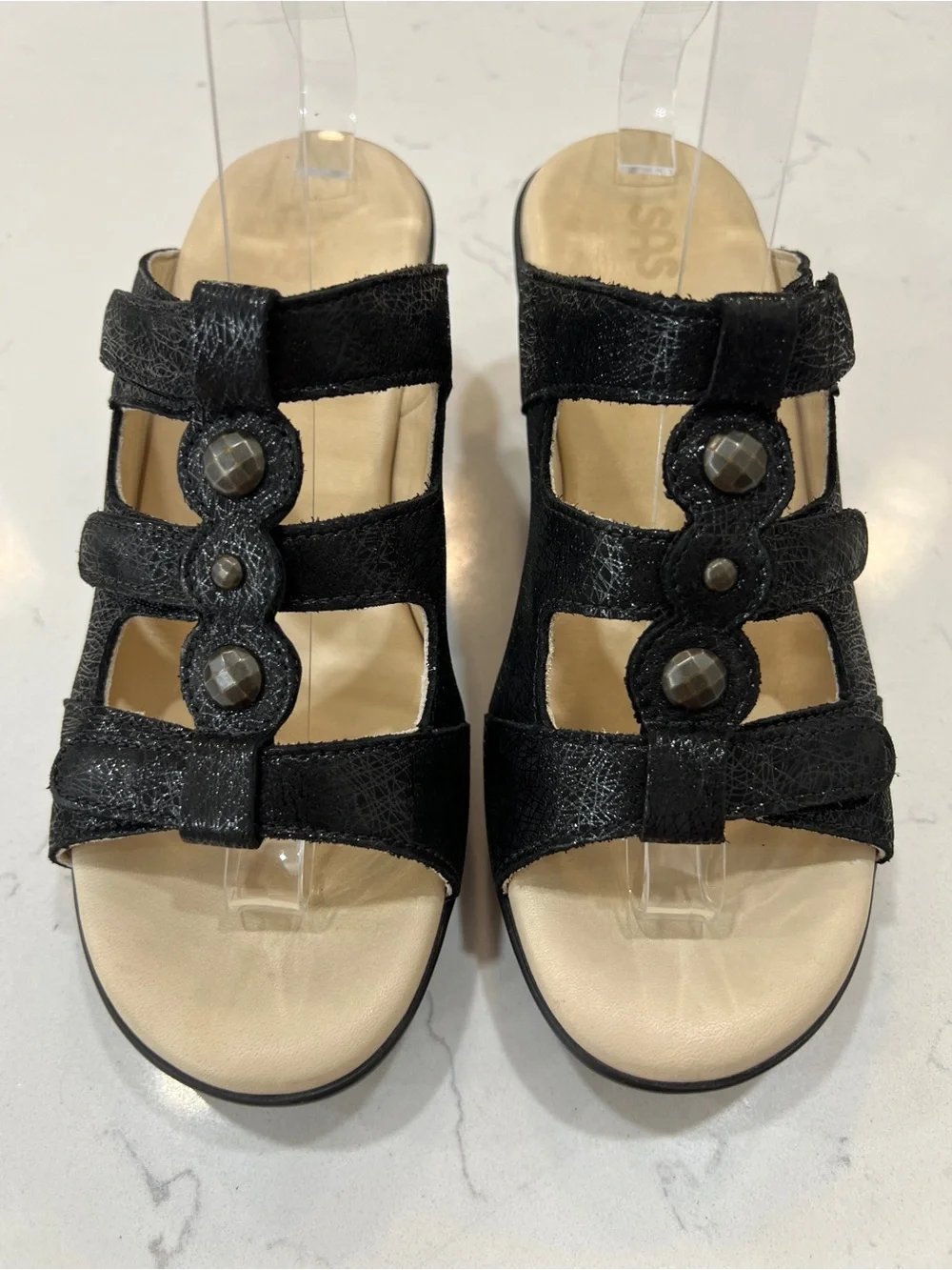 SAS Womens Ginger US 7 M Black Casual Wedge Strappy Sandal Slip On Adjustable